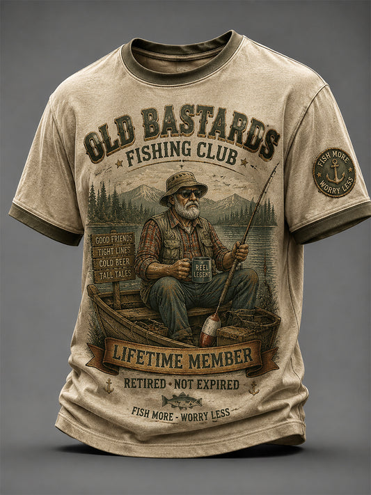 Men's Funny Old Bastards Fishing Club Lifetime Member Print Short Sleeve T-shirt