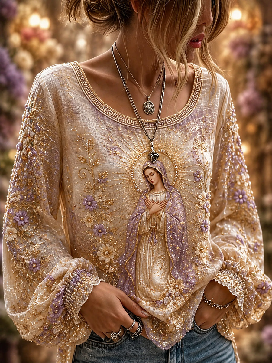 Women's Assumption Of Mary Faith Art Printed Cotton-Linen Shirt