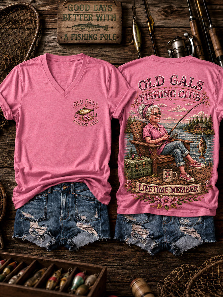 Women's Funny Old Gals Fishing Club Lifetime Member Print Casual V-Neck Tee