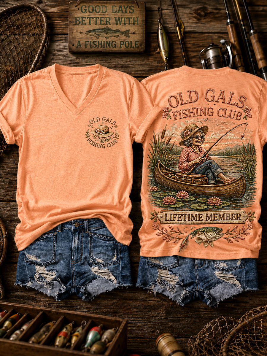 Women's Funny Old Gals Fishing Club Lifetime Member Print Casual V-Neck Tee