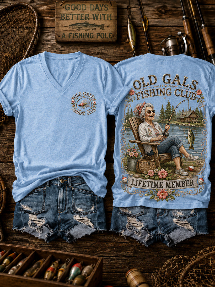 Women's Funny Old Gals Fishing Club Lifetime Member Print Casual V-Neck Tee