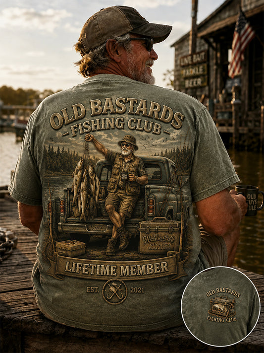 Men's Funny Old Bastards Fishing Club Lifetime Member Print Casual Tee
