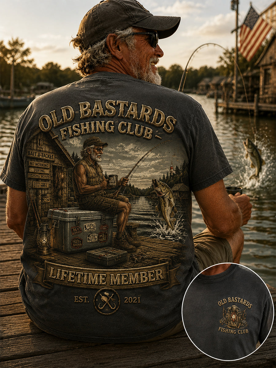 Men's Funny Old Bastards Fishing Club Lifetime Member Print Casual Tee