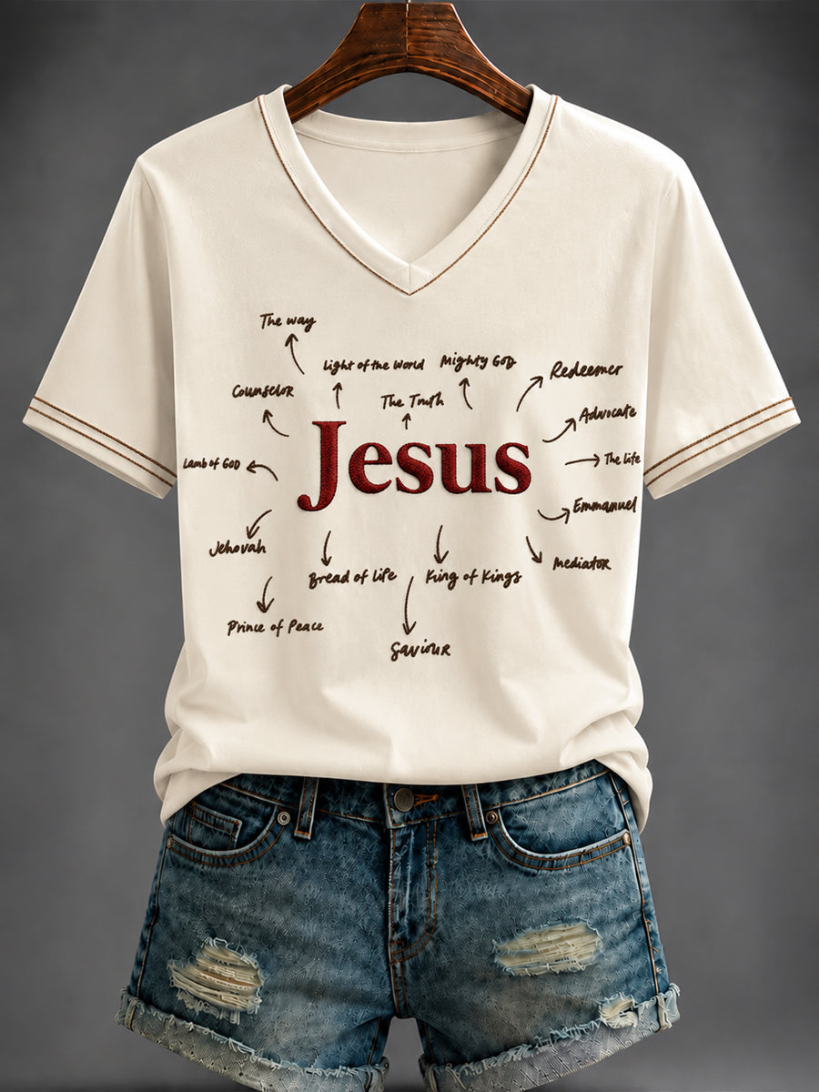 Women's JESUS Printed V-neck T-shirt
