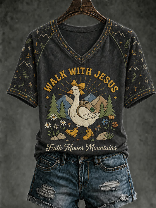 Women's Christian Walk With Jesus V-neck Short Sleeve T-shirt