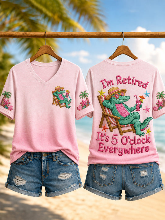 Women's I'm Retired It's 5 O'clock Everywhere Crocodile Print Casual V-Neck Tee
