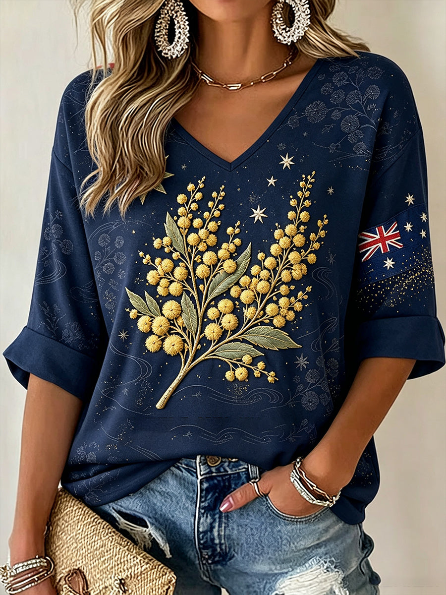 Women's Australia Floral Art Printed Linen T-shirt