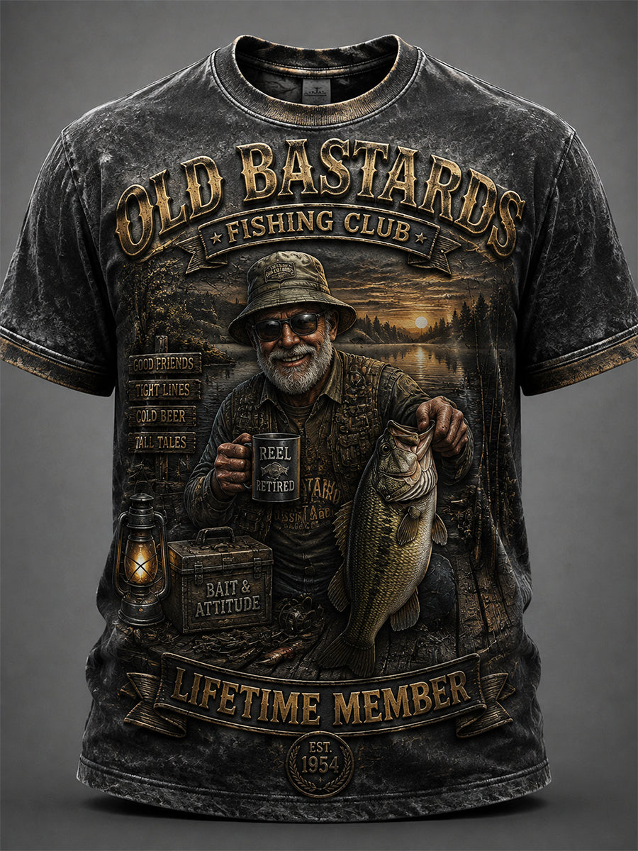 Men's Funny Old Bastards Fishing Club Lifetime Member Print Casual Tee