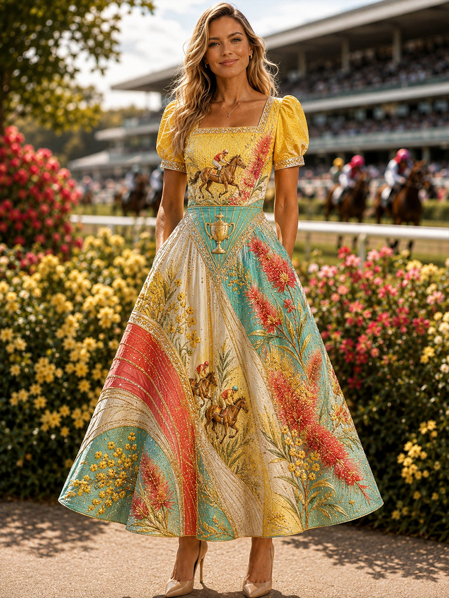Women's Australian Horse Racing  Print V Neck Elegant Midi Dress