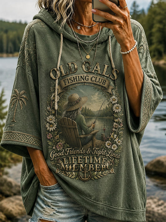 Women's Funny Old Gals Fishing Club Lifetime Member Print Casual Hoodie