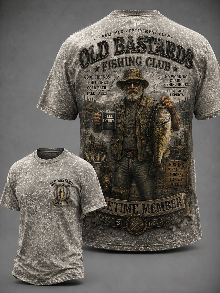 Men's Funny Old Bastards Fishing Club Lifetime Member Print Short Sleeve T-shirt