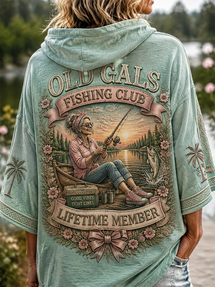 Women's Funny Old Gals Fishing Club Lifetime Member Print Casual Hoodie