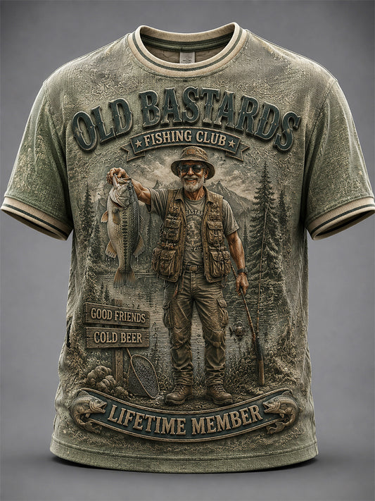 Men's Funny Old Bastards Fishing Club Lifetime Member Print Short Sleeve T-shirt