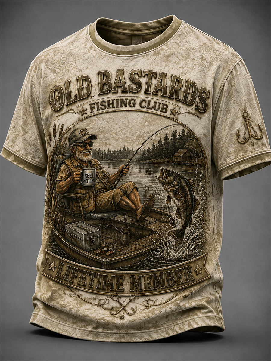 Men's Funny Old Bastards Fishing Club Lifetime Member Print Short Sleeve T-shirt