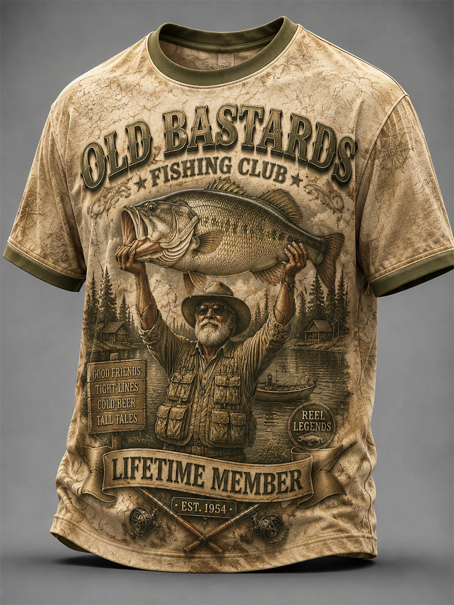 Men's Funny Old Bastards Fishing Club Lifetime Member Print Short Sleeve T-shirt