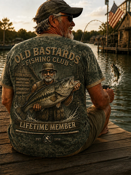 Men's Funny Old Bastards Fishing Club Lifetime Member Print Short Sleeve T-shirt