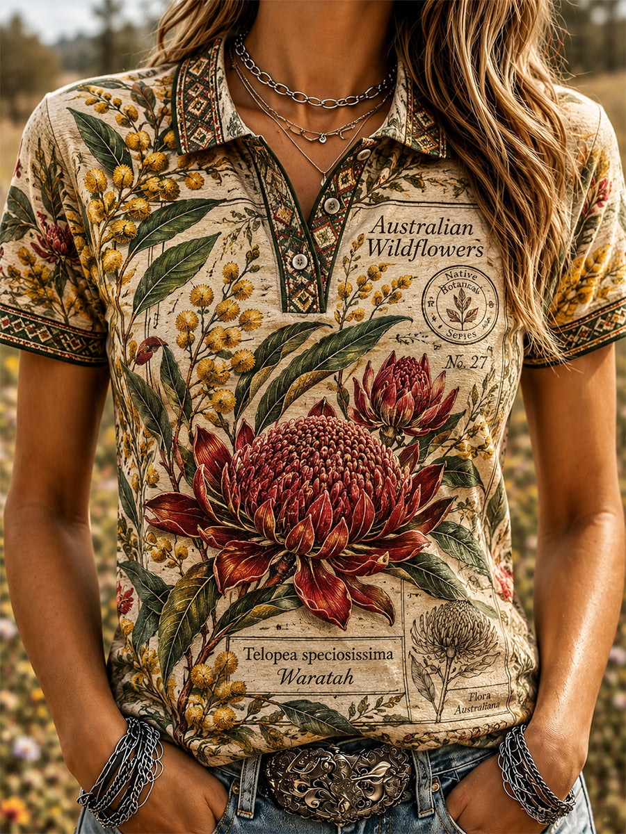 Women’s Retro Australian Wildflower Season Polo Shirt
