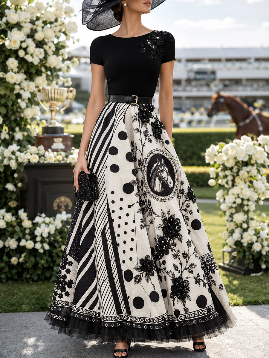 Women's Australian Horse Racing Print Elegant Midi Dress