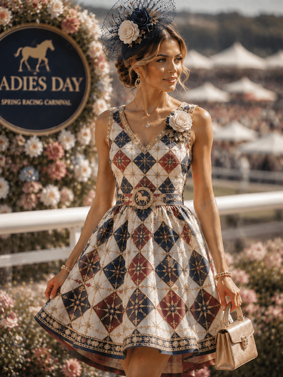 Women's Vintage Melbourne Cup Australian Horse Racing  V-neck Sleeveless Dress