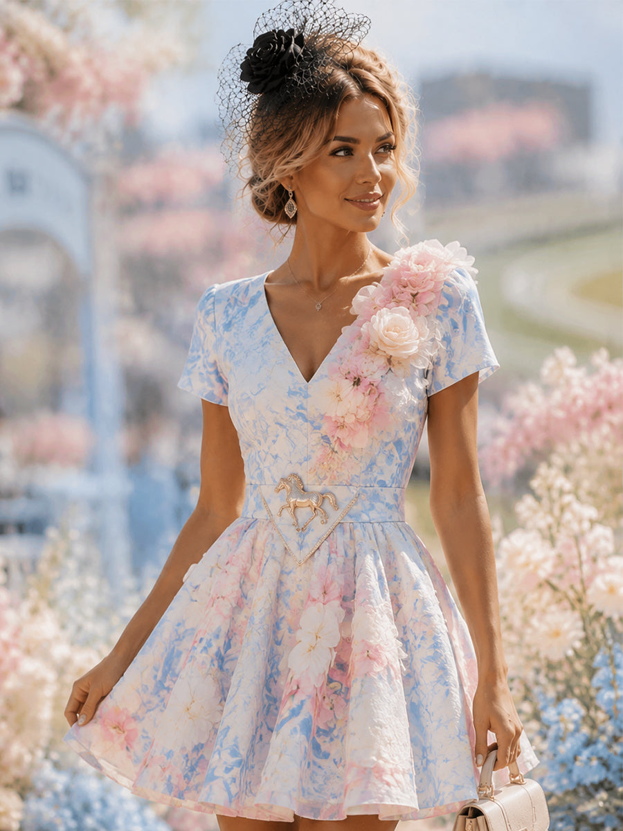 Women's Vintage Melbourne Cup Australian Horse Racing Short-Sleeved V-Neck Dress