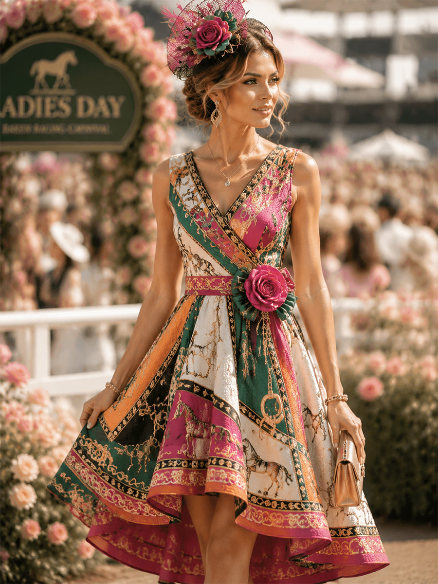Women's Vintage Melbourne Cup Australian Horse Racing  V-neck Sleeveless Dress