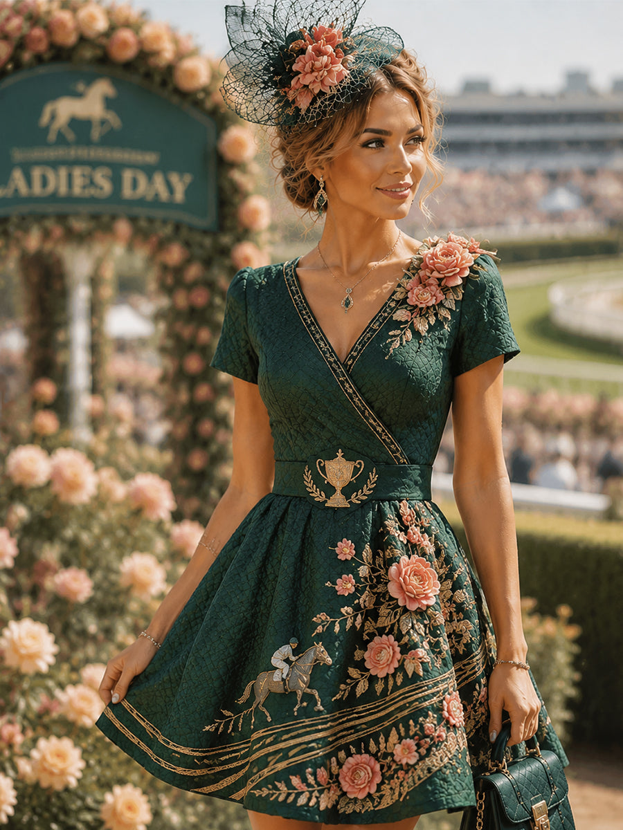 Women's Vintage Melbourne Cup Australian Horse Racing Short-Sleeved V-Neck Dress