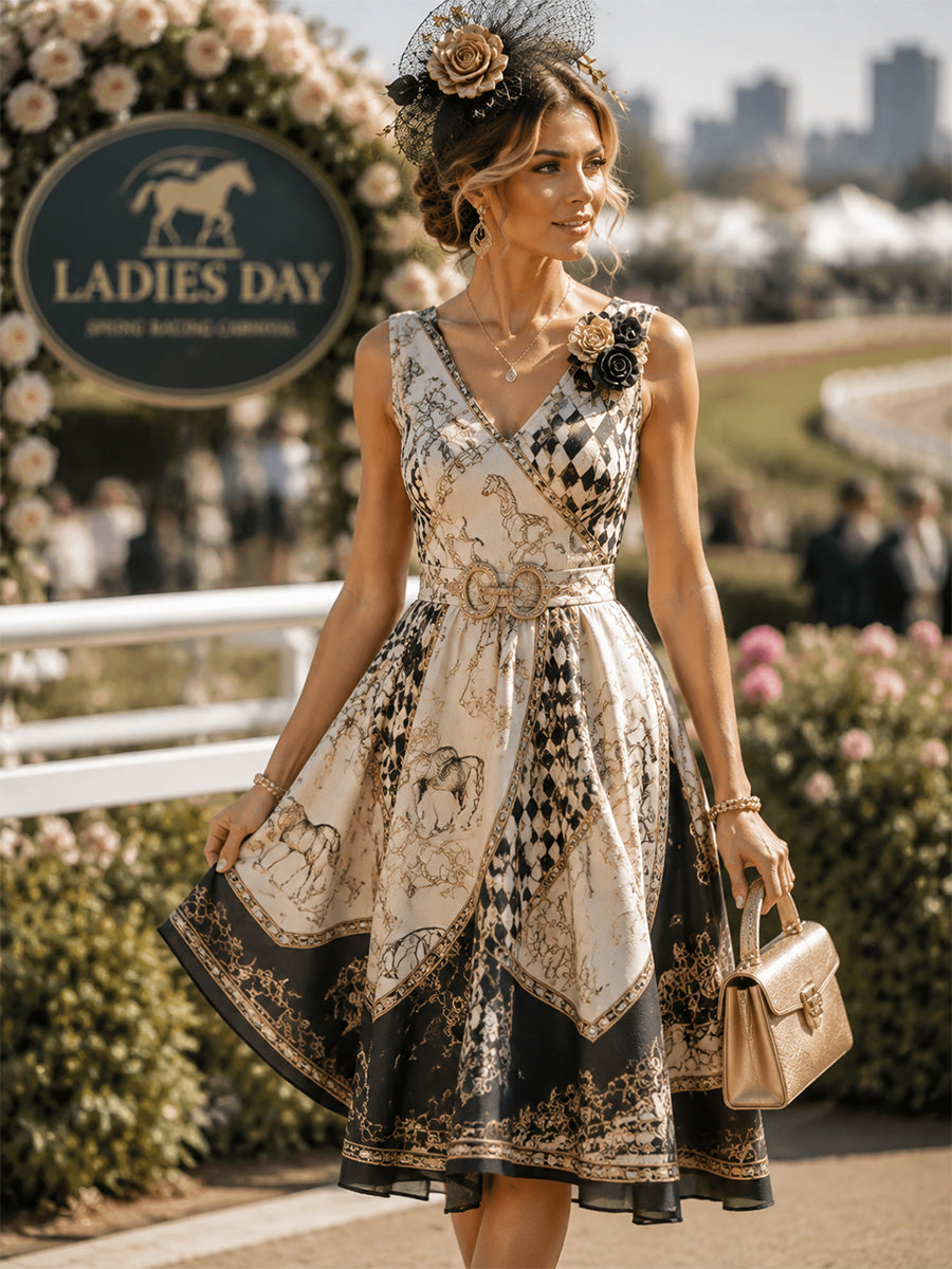 Women's Vintage Melbourne Cup Australian Horse Racing  V-neck Sleeveless Dress