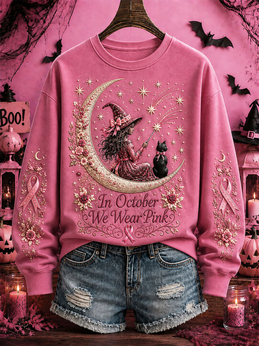Women's Breast Cancer Awareness Halloween Witch-Themed Casual Regular Sweatshirt