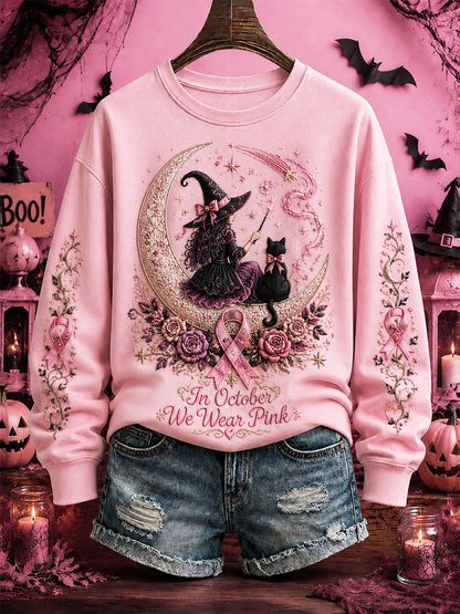 Women's Breast Cancer Awareness Halloween Witch-Themed Casual Regular Sweatshirt