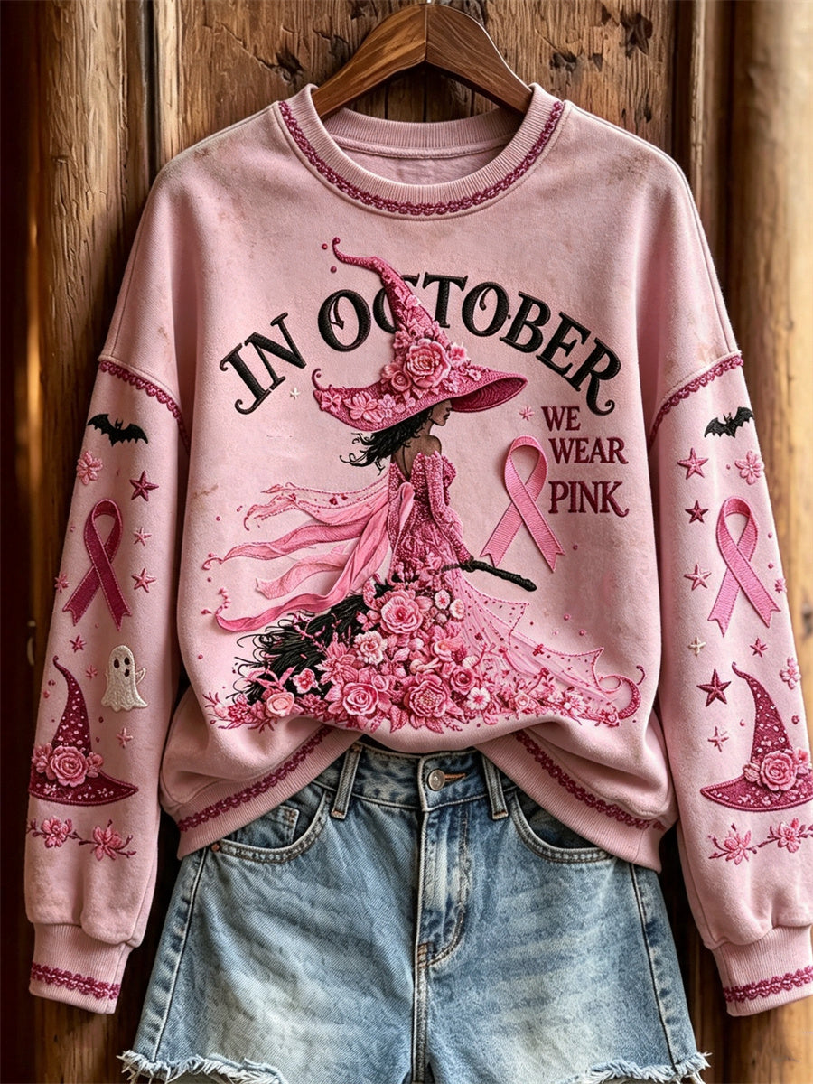 Women's In October We Wear Pink Halloween Witch Floral Print Sweatshirt