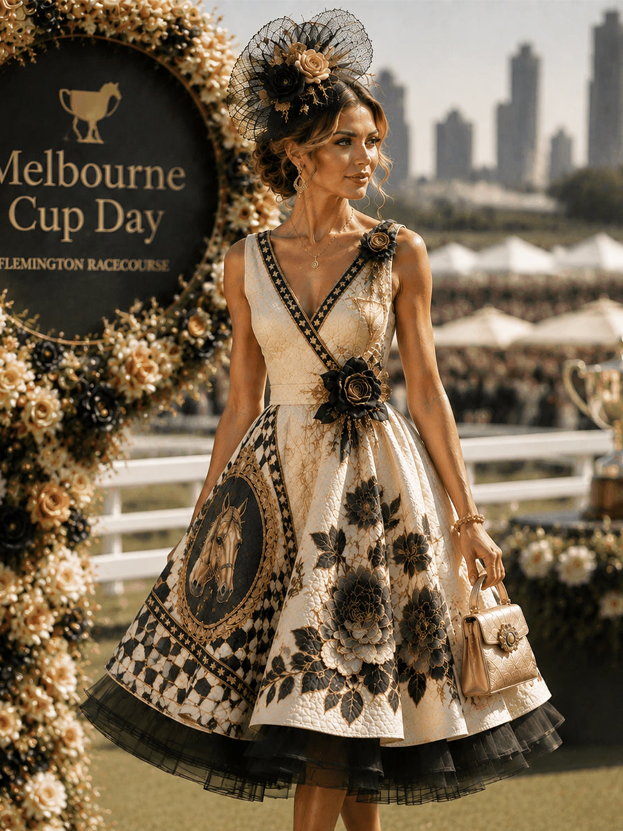 Women's Vintage Melbourne Cup Australian Horse Racing  V-neck Sleeveless Dress