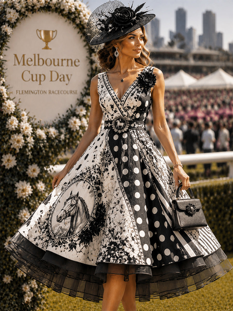Women's Vintage Melbourne Cup Australian Horse Racing  V-neck Sleeveless Dress