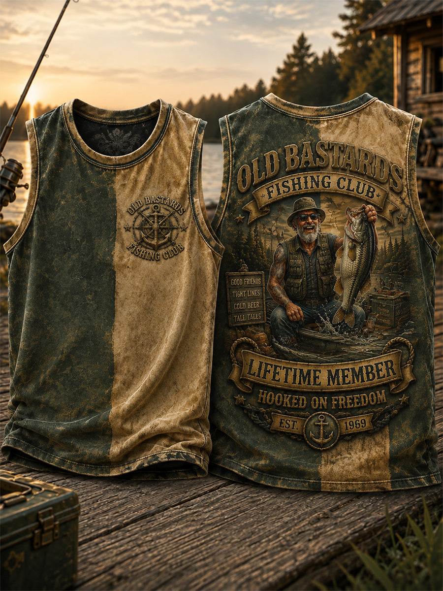 Men's Funny Old Bastards Fishing Club Lifetime Member Print Casual Tank Top