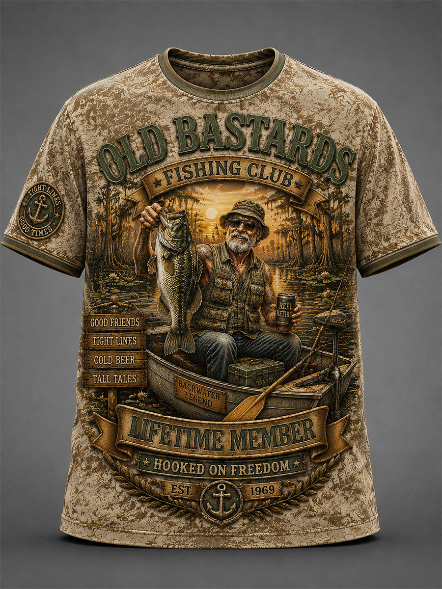 Men's Funny Old Bastards Fishing Club Lifetime Member Print Short Sleeve T-shirt