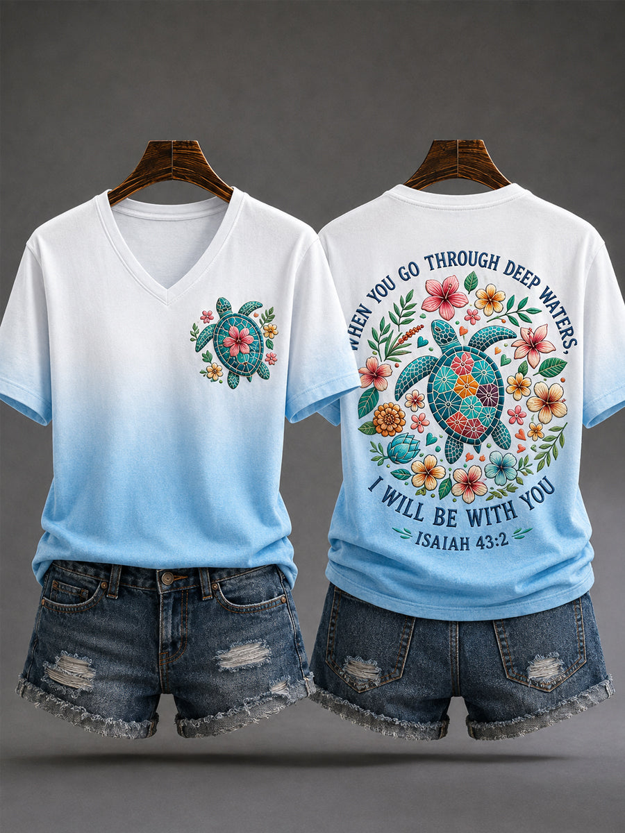 Women's When You Go Through Deep Waters, I Will Be With You Sea Turtle Print Casual V-Neck Tee