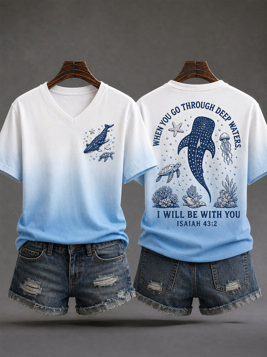 Women's When You Go Through Deep Waters, I Will Be With You Whale Shark Print Casual V-Neck Tee