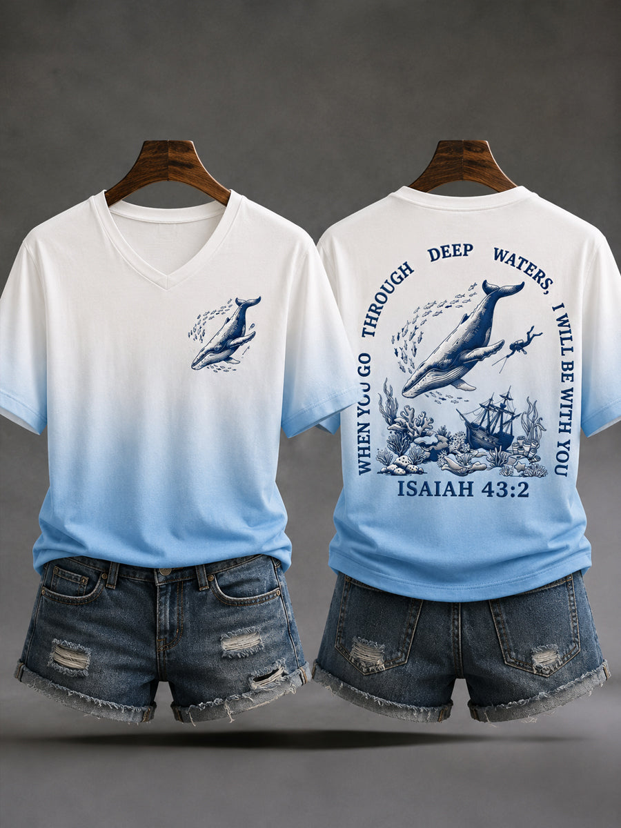 Women's When You Go Through Deep Waters, I Will Be With You Whale Shark Print Casual V-Neck Tee