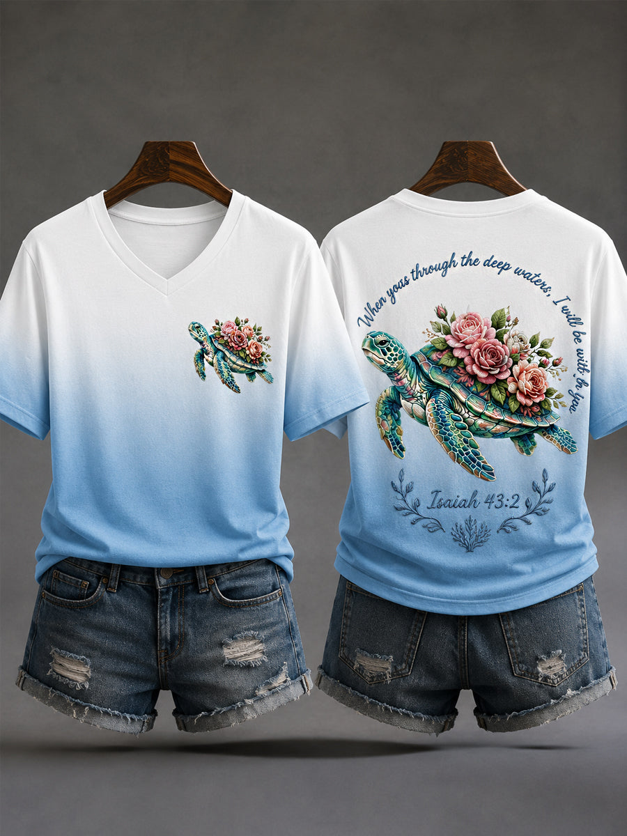 Women's When You Go Through Deep Waters, I Will Be With You Sea Turtle Print Casual V-Neck Tee