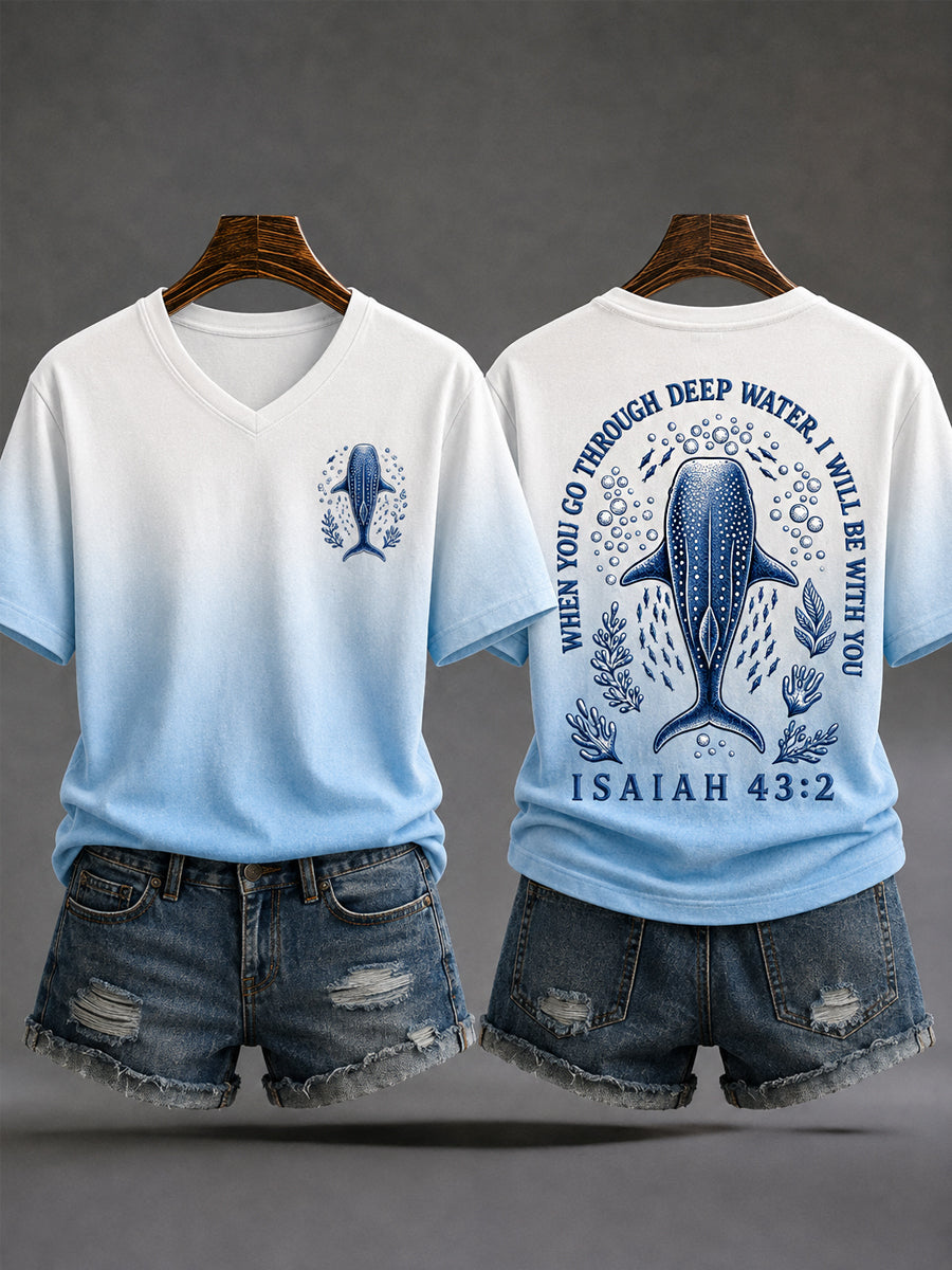 Women's When You Go Through Deep Waters, I Will Be With You Whale Shark Print Casual V-Neck Tee