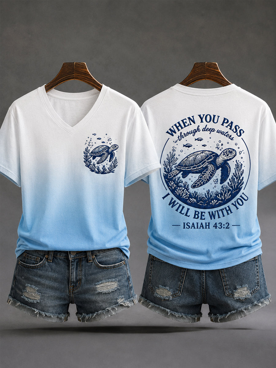 Women's When You Go Through Deep Waters, I Will Be With You Sea Turtle Print Casual V-Neck Tee