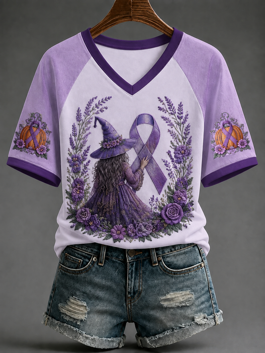 Women's Alzheimer's Awareness V-neck Off-shoulder Short-sleeved T-shirt