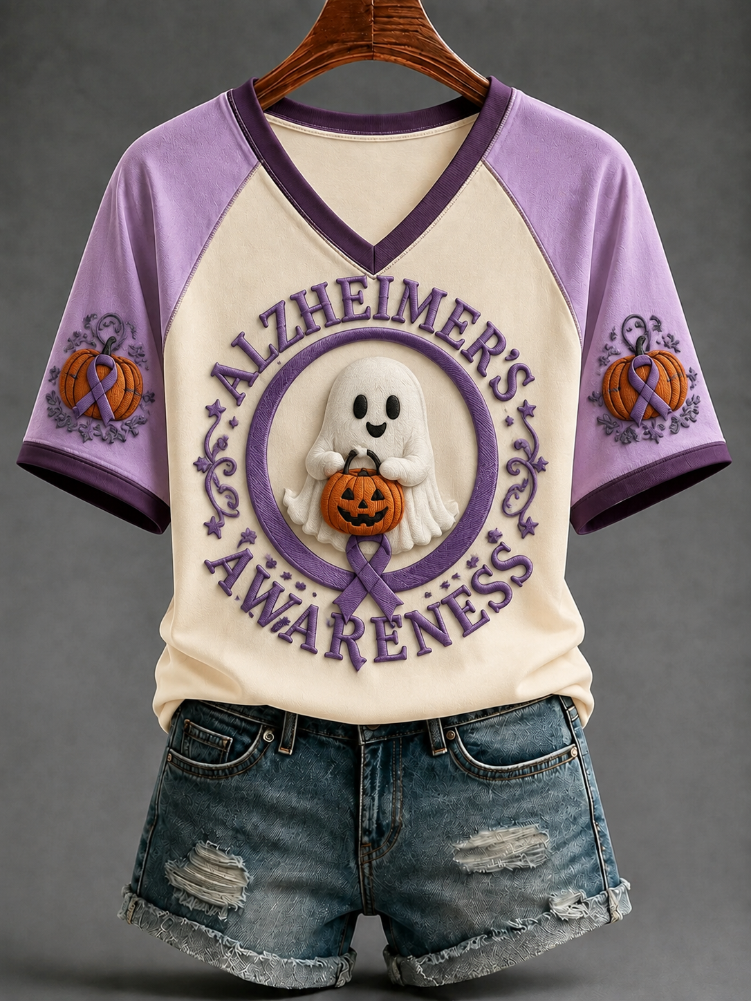 Women's Alzheimer's Awareness V-neck Off-shoulder Short-sleeved T-shirt