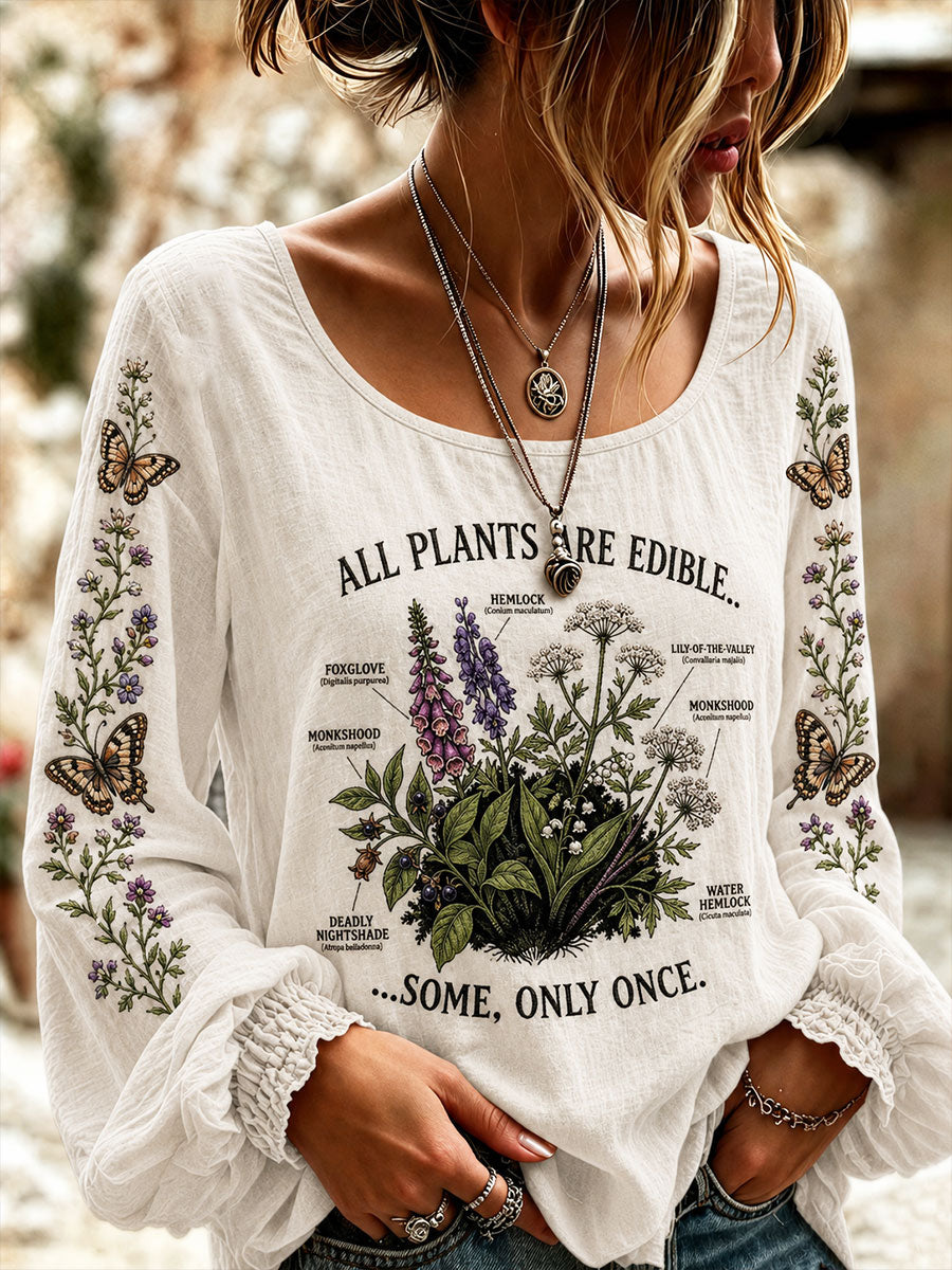 Women's "All Plants Are Edible Some Only Once" Floral Print Casual Cotton-Linen Shirt