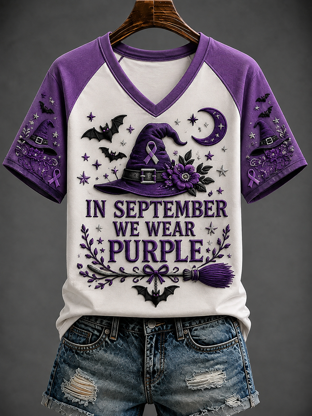 Women's In September We Wear Purple V-neck Off-shoulder Short-sleeved T-shirt