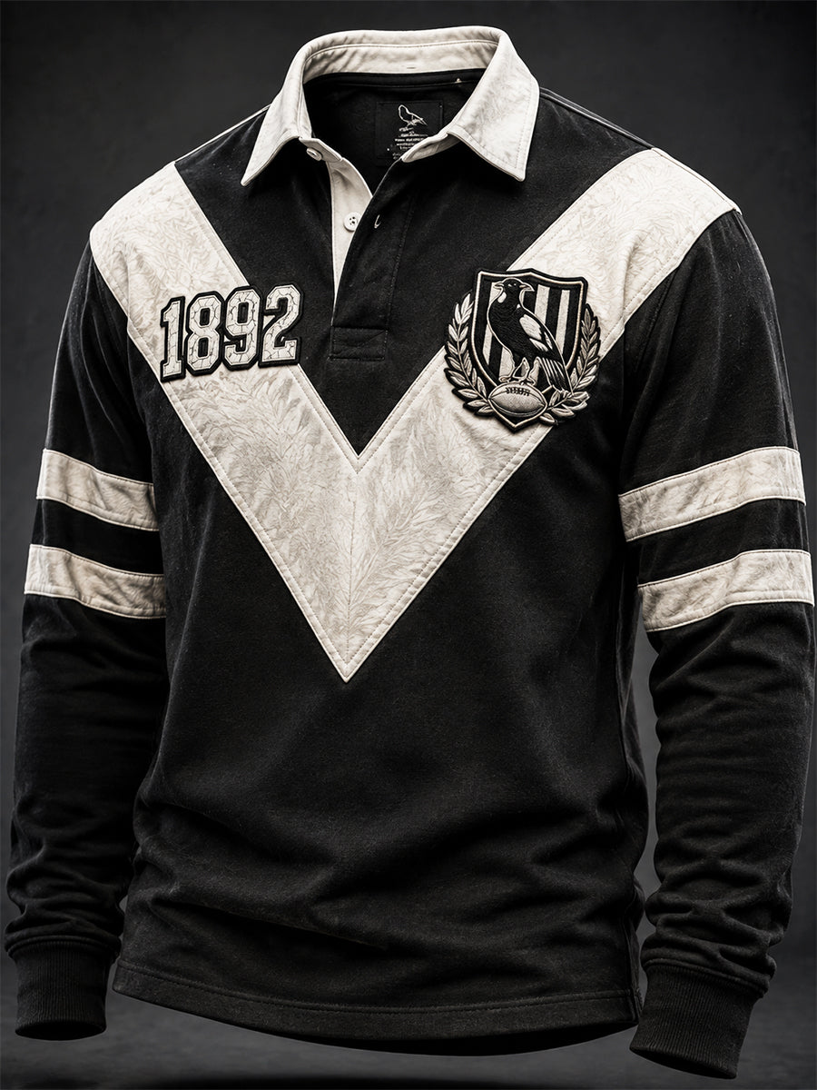 Men’s Australia Magpies Footy Lover Art-Printed Long-sleeved Polo Shirt