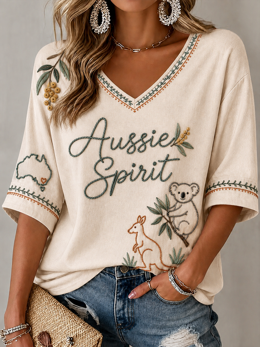 Women's Animal Art Printed Mid-length Sleeves V-Neck T-Shirt