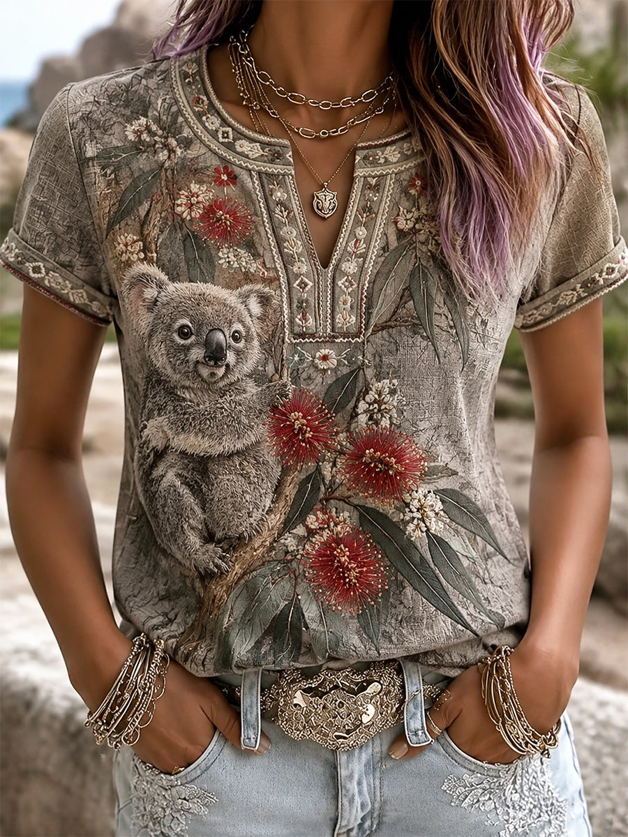 Women's Australian Wildflower Season Koala Print Cotton-Linen T-Shirt