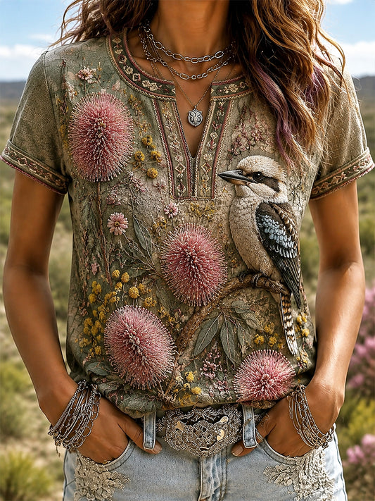 Women's Australian Wildflower Season  Kingfisher Print Cotton-Linen T-Shirt