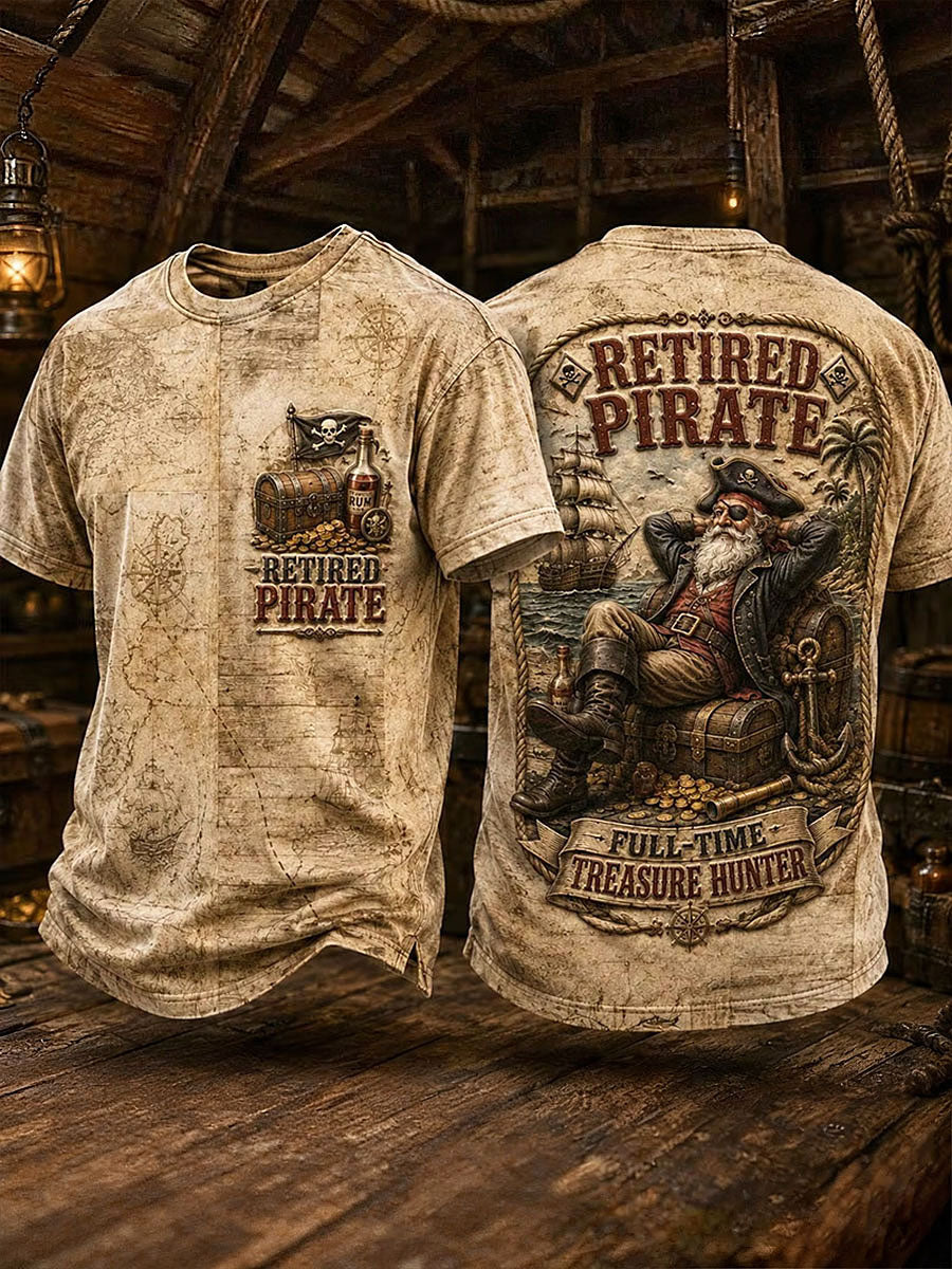 Men's Retro "Retired Pirate - Full-Time Treasure Hunter" Printed Casual T-shirt
