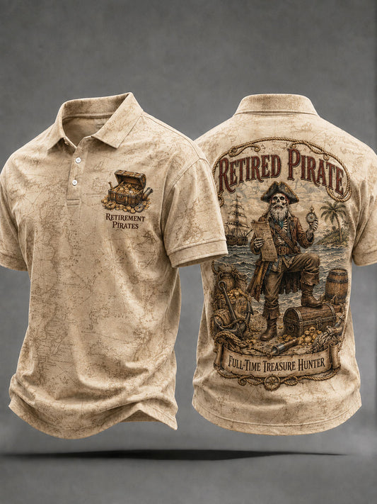 Men's Retro "Retired Pirate - Full-Time Treasure Hunter" Printed Casual Polo Shirt